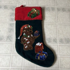 Vintage Christmas Teddy Bear with Presents Velvet Sequin Stocking Maximallist - Picture 1 of 5