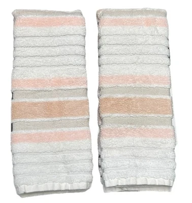 Kassa Spa 2 Stripe Hand Towels Quick Dry Cotton Thick White Pink Tan Bathroom - Image 1 of 4