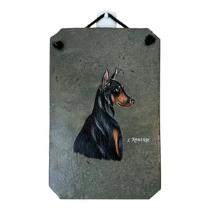 Doberman Black Slate Hanging Slate Sign Wall Decor Hand Painted Signed Smoky Mtn - Picture 1 of 5