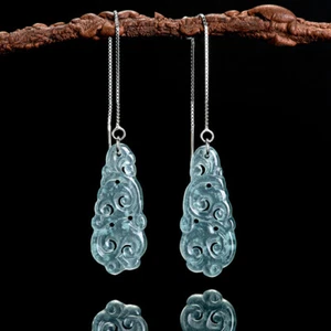 Solid 925 Silver Natural Grade A Jade Jadeite Lucky Ruyi Cloud Dangle Earrings - Picture 1 of 7