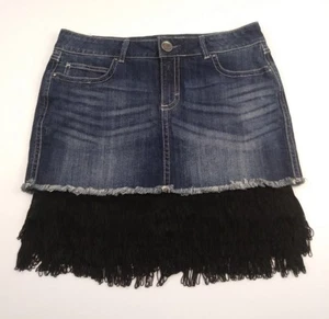 Wrangler Skirt Women's Jr Size 7 Blue Denim Premium Patch Mae Fringe New - Picture 1 of 8