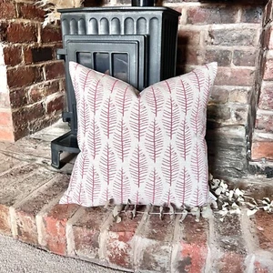 1558.  ORNA RED Block print  Linen Look 100% Cotton Cushion Cover - Picture 1 of 5