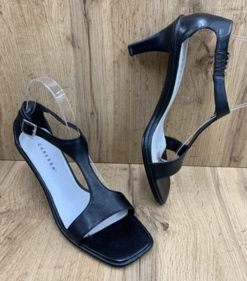 Caressa Leather Buckle Single Strap Heels Women's 9 M Black Open Toe Brazil - Image 1 of 4