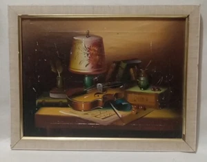 Violin On Desk With Books Still Life Oil Painting By L Habody - Picture 1 of 4