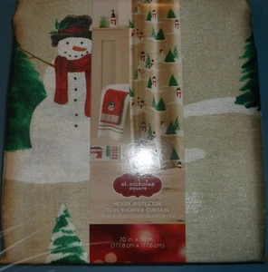 WEIHNACHTEN STOFF DUSCHVORHANG SCHNEEMÄNNER BÄUME SCHNEEFLOCKEN HELLBRAUN WASCHBAR NEU - Bild 1 von 3