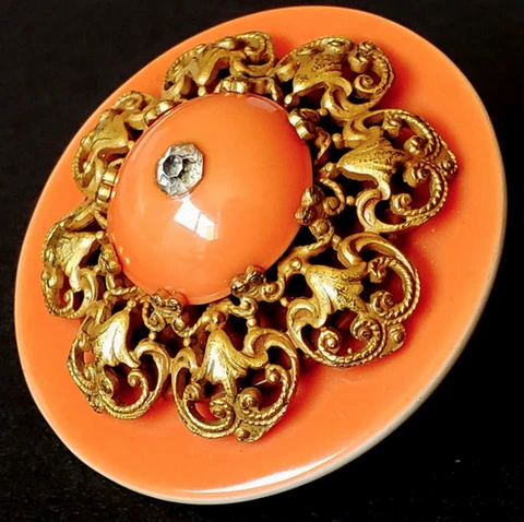 Unusual XL Creamsicle Orange Celluloid Antique Button Brass & Paste Center Cover