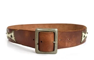 Unisex Brown Vintage Hair On Leather Studded Belt Size Med Unbranded 8/9 Oz 34 - Picture 1 of 13