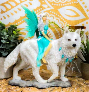 Ebros Gift Elektra Blue Ice Fairy Riding Giant Snow Wolf King Rumba Figurine 8"H - Picture 1 of 8
