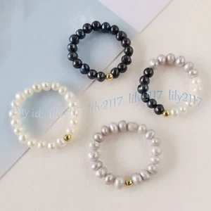 3-4mm Natural White Gray Black Freshwater Pearl Circle Adjustable Stretch Rings - Picture 1 of 15