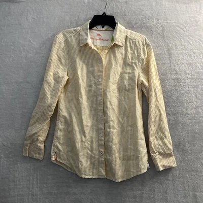 Blusa feminina Tommy Bahama listrada amarela XS linho manga longa colarinho - Imagem 1 de 4