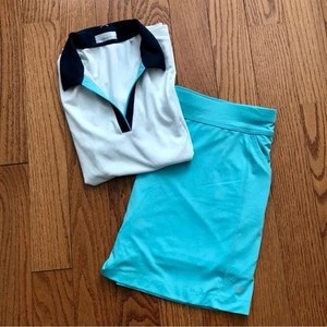 Callaway Color Block Golf Tennis Polo Skort Set White Aqua Blue Women’s Size L - Picture 1 of 15