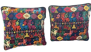 Guatemalan Huipil Throw Pillows Set 2 Hand Embroidery 12” Squares Velvet Multi - Picture 1 of 13