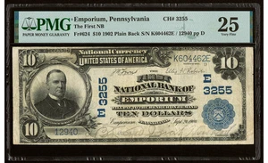 Emporium, PA $10 1902 Plain Back Fr. 624 The First National Bank #E3255 PMG VF25 - Picture 1 of 2