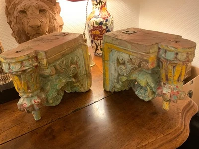 Paire de supports d étagère bois polychrome Asie très ancien - Photo 1/4