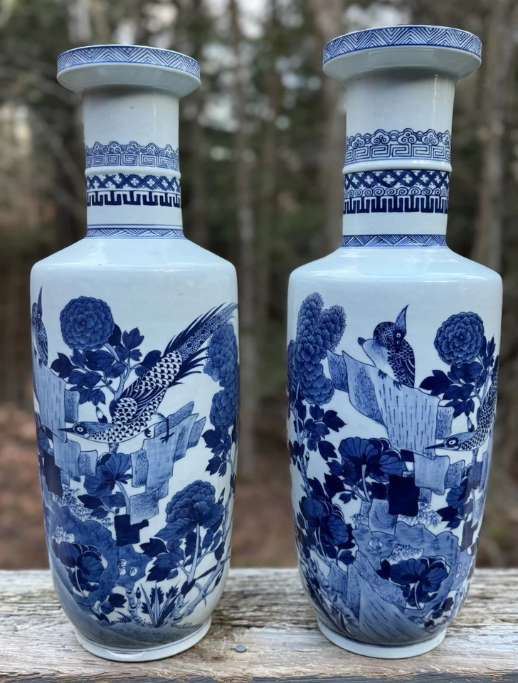 Pair of Vintage Chinese Blue & White Porcelain Vases Kangxi Marked 20th C. 19.5” - Image 1 of 4