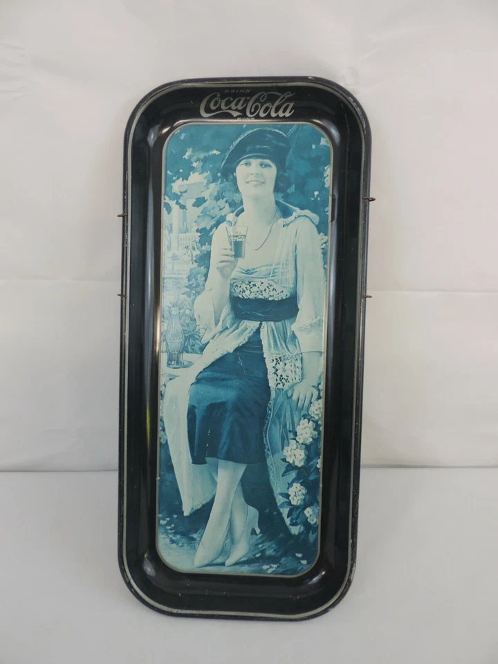 73 Coke Tray Coca Cola Vintage Tin Rolling Serving Long Woman Glass Blue Hat   - Image 1 of 4