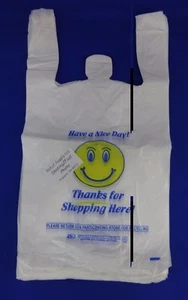 1/6 Smiley Face THANK YOU Plastic T-Shirt Bags 11.5" x 7" x 21" w/ Handles - Picture 1 of 19