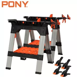 PONY 2-Pack 30-3/4" Clamping Sawhorse Bar Clamp Set Folding Saw Horses Bench Dog - Picture 1 of 12