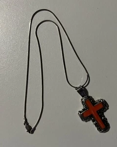 Sterling Silber 925 Halskette Kette 16" Kreuz Anhänger mit Pfirsich Stein Einsatz 2" - Bild 1 von 13