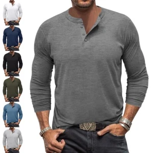 Mens Tops Long Sleeve T Shirts Men Plain Henley Neck Holiday Fashion Basic Tee - Picture 1 of 44