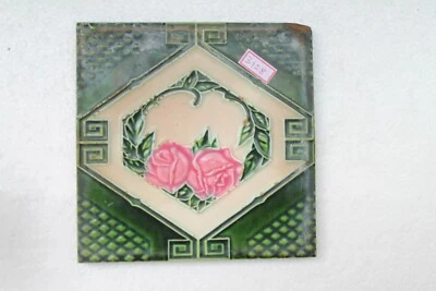 Antique Old Flower Geometric Design Nouveau Majolica Ceramic Tiles Japan NH3128 - Image 1 of 4