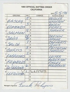5-5-94 California Angels Game Used Lineup Card - Tim Salmon & Jim Edmonds - Picture 1 of 2