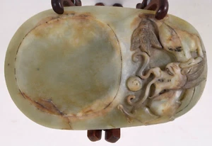 Chinesischer hellgrüner & russischer Jade Tintenstein Drache jagt flammende Perle Siegel MK - Bild 1 von 12