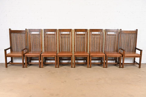 Frank Lloyd Wright Designed Arts & Crafts Oak and Leather High Back Dining Chair Cover