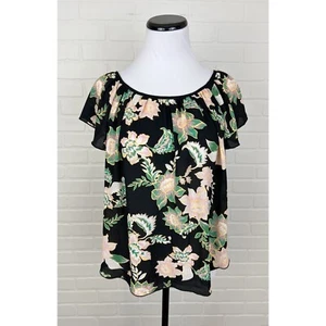 Blusa Top Philosophy Floral Manga Corta Flutter Negra Rosa Verde Pequeña Nueva con Etiquetas - Imagen 1 de 6