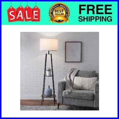 Mainstays Etagere 62" Matte Black Mid-Century Style Floor Lamp, 2 Wood Shelves - Image 1 of 4
