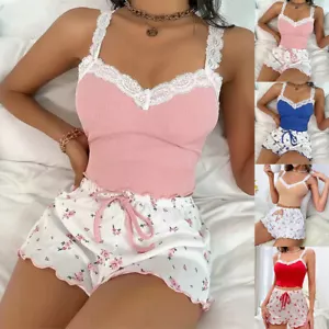 2pcs Women Lace Sleeveless Tank Tops Floral Shorts Set Outfits Pajamas Sleepwear - Picture 1 of 26