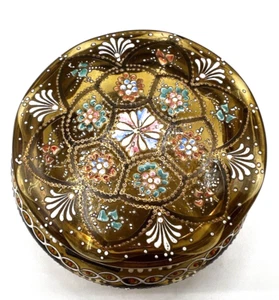 Bohemian Moser Yellow Hinged Jewel/Dresser Box-Gold & Enameled Scroll Design - Picture 1 of 14