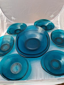 Vtg Sowerby Glass Salad Bowl Set Teal Blue Elliptical 1960s MCM Retro England - Picture 1 of 13
