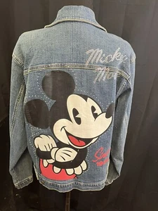 DISNEY Mickey Mouse Jean Jacket L Retro Denim Embroidered Sparkle Vintage Look - Picture 1 of 4