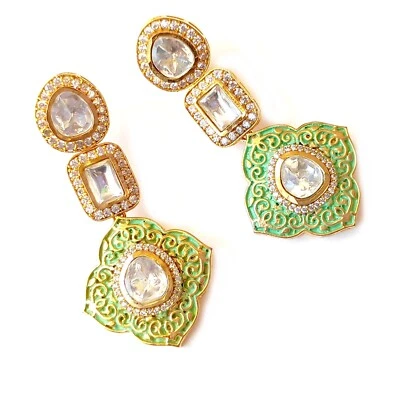 Kundan Polki Jhumka Earrings Gold Plating & Green Indian Bridal Wedding Jewelry - Image 1 of 4