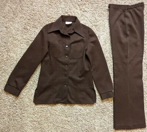 Vintage 70s Jantzen Women 100% Polyester Leisure Disco Suit Brown 12 Jacket Pant - Picture 1 of 8