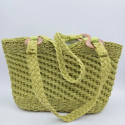BLUE MIAMI Woven Straw Tote Bag Green Braided Handles Wooden Ring Accent - Image 1 of 4