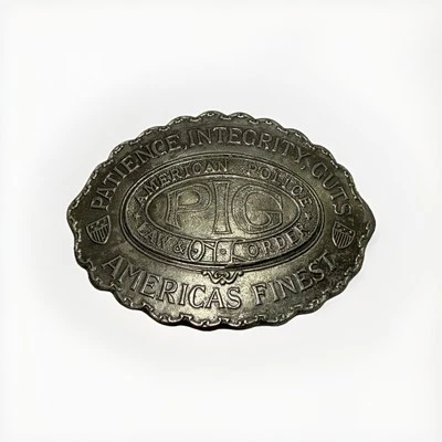 Hebilla de cinturón vintage PIG American Police Law Order Paciencia Integridad Guts años 70 Foto 1 de 4