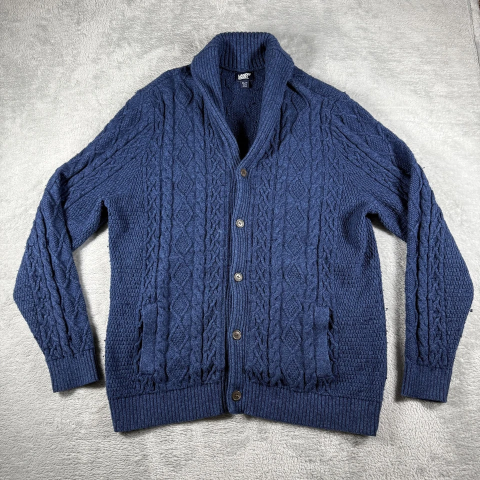 Lands End Sweater Mens XLT Blue Cardigan Shawl Cable Knit Fisherman Grandpa - Image 1 of 4