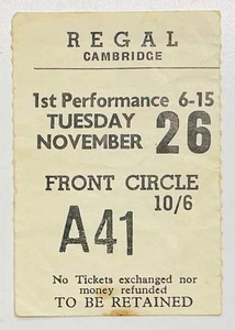 Boleto de concierto usado original de los Beatles Regal Theatre Cambridge 26 de noviembre de 1963 - Imagen 1 de 2