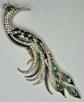 Broche Vintage Esmalte Diamante de Imitación Pavo Real Paraíso Pájaro 5.5" Azul Verde Declaración Foto 1 de 2