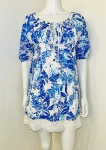 Moda International Blue Floral Cotton Empire Waist Puff Slv Tunic Dress Size XS - Picture 1 of 22