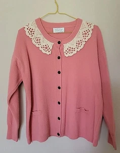 Vintage United Colors of Benetton Lambswool Pink Cardigan L Preppy Crochet Collar  - Bild 1 von 8