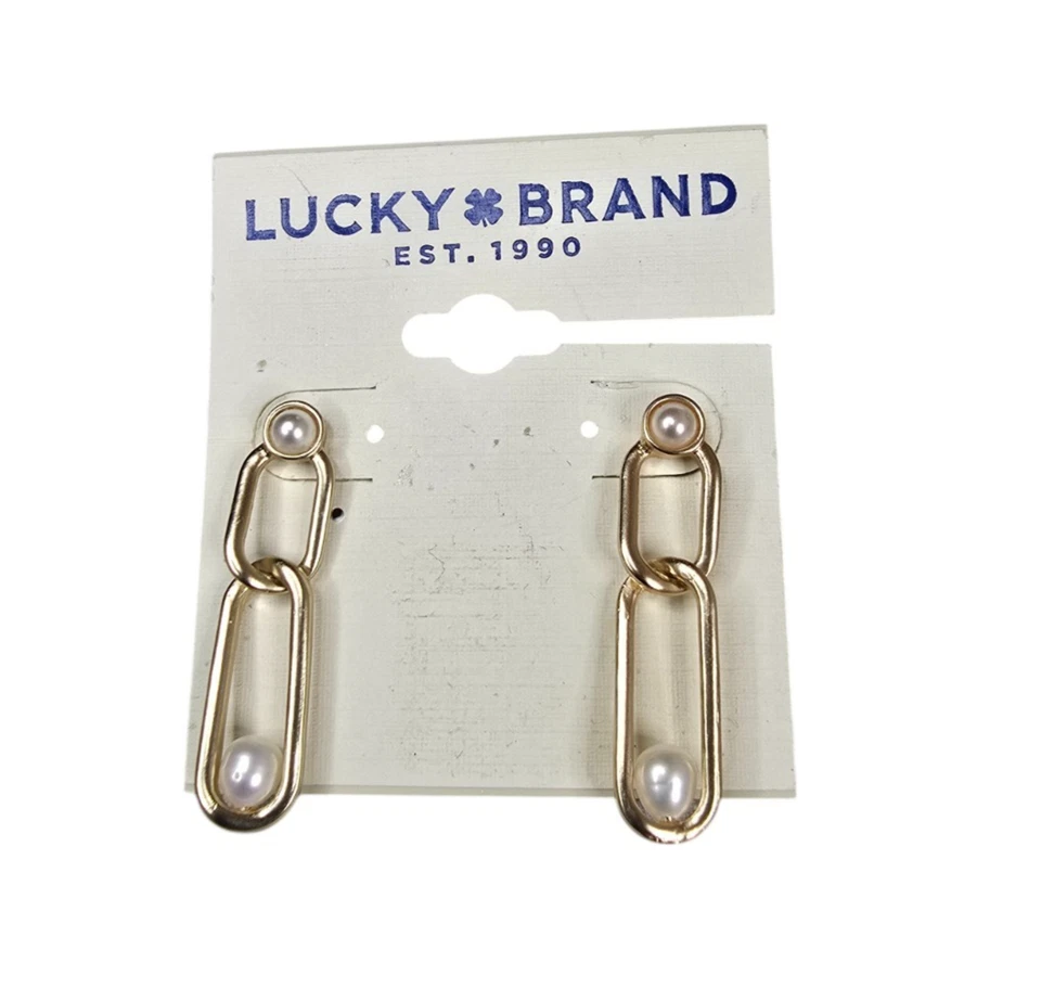 LUCKY BRAND SATIN GOLD PLATED WHITE FAUX PEARL PIERCED EARRINGS NWT - Image 1 of 3