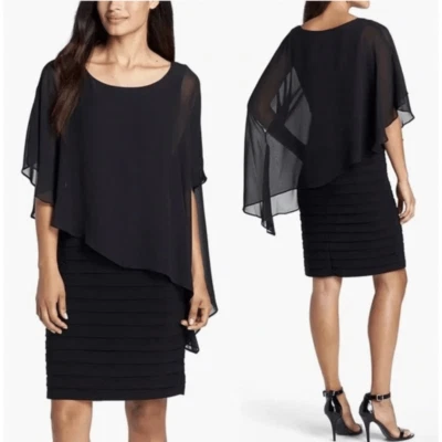 Adrianna Papell Black Asymmetric Chiffon Overlay Capelet Sheath Dress Size 6 - Image 1 of 4