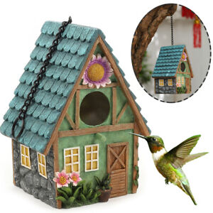 Resin Birdhouse Wooden Cabin Fairy Hand-Painted Bird House Garden Art Decor