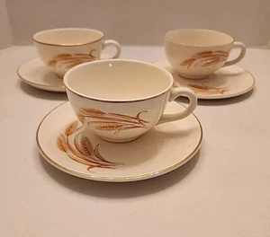  Vintage Mid Century Set Of 3 Golden Wheat Pattern Coffee/ Tea Cup And Saucer - Picture 1 of 13