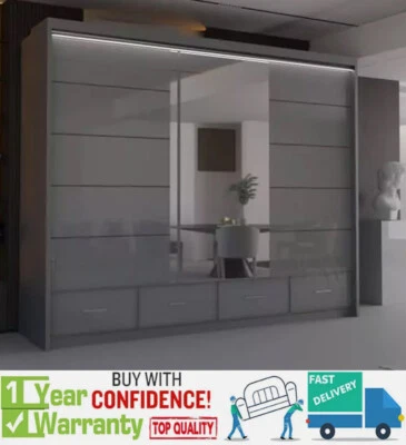 DS STORE SYCYLIA Modern High Gloss Sliding Door Wardrobe with Mirror - 3 Sizes - Grey