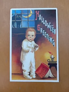 Postcard Halloween Greetings Black Cat Child Ghost Stories Printed In Hong Kong - Picture 1 of 2