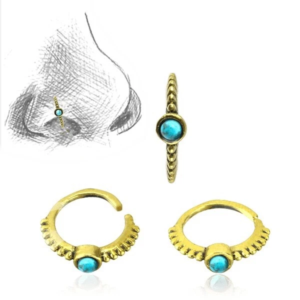 ANILLO NARIZ LATÓN TRIBAL 20G ANILLO NARIZ 7MM HÉLICE IMITACIÓN PIEDRA TURQUESA Foto 1 de 1